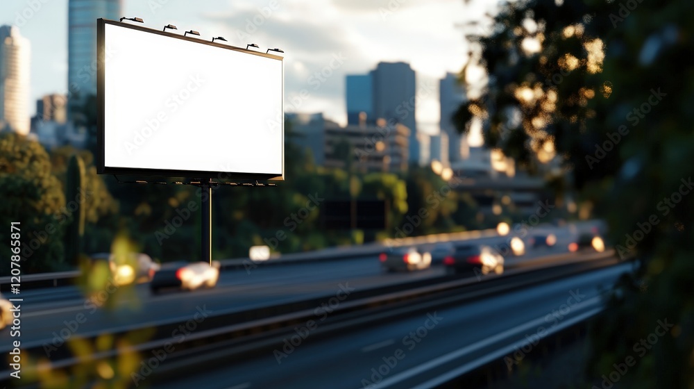 Vibrant Highway Billboard Displaying Colorful Advertisement with Urban Cityscape in Background Under Clear Blue Sky Vibrant Highway Billboard Displaying Colorful Advertisement with Urban Cityscape in Background Under Clear Blue Sky
