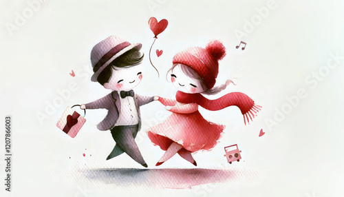 Fototapeta Naklejka Na Ścianę i Meble -  Childlike Valentine's day card in watercolor style. Dancing couple in love, cute dancing animals in love, flowers and hearts