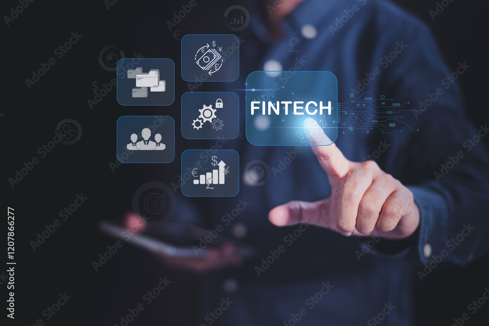 Fototapeta premium A businessman interacts with digital icons representing financial technology, the evolution of finance through innovative solutions, data analytics, check financial online data. fintech concept