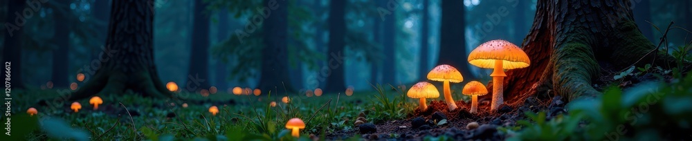 Tall trees with glowing mushrooms on the ground, mysterious forest, forest floor, mushrooms Tall trees with glowing mushrooms on the ground, mysterious forest, forest floor, mushrooms