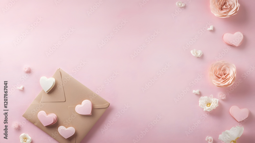 love letter envelope with paper craft hearts - flat lay on pink valentines with copy space love letter envelope with paper craft hearts - flat lay on pink valentines with copy space
