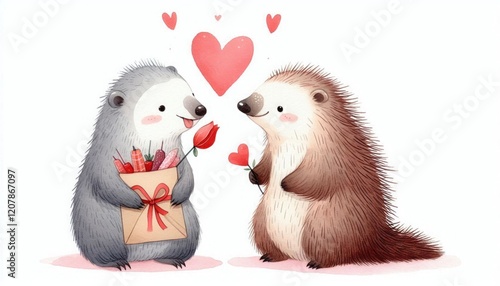 Fototapeta Naklejka Na Ścianę i Meble -  Childlike Valentine's day card in watercolor style. Dancing couple in love, cute dancing animals in love, flowers and hearts