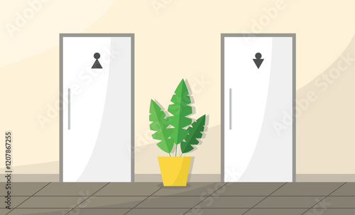 Entrance to a public toilet. Male and female. Interior of the corridor with a plant.