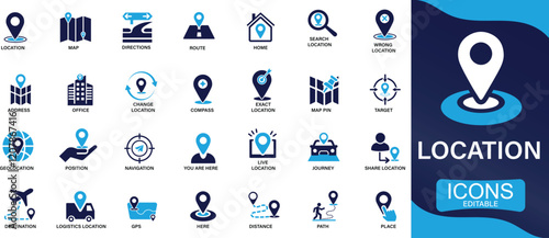 Location icon set map, map pin, gps, destination, directions, distance, place, navigation, address. You can easily change the color.