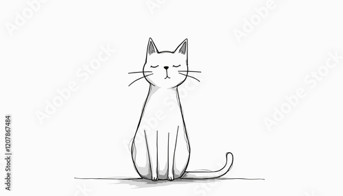 Black and white sketch of a cat sitting calmly
