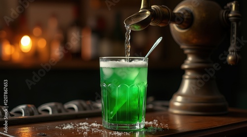 Vivid green absinthe served in an iconic glass at a stylish bar setting photo