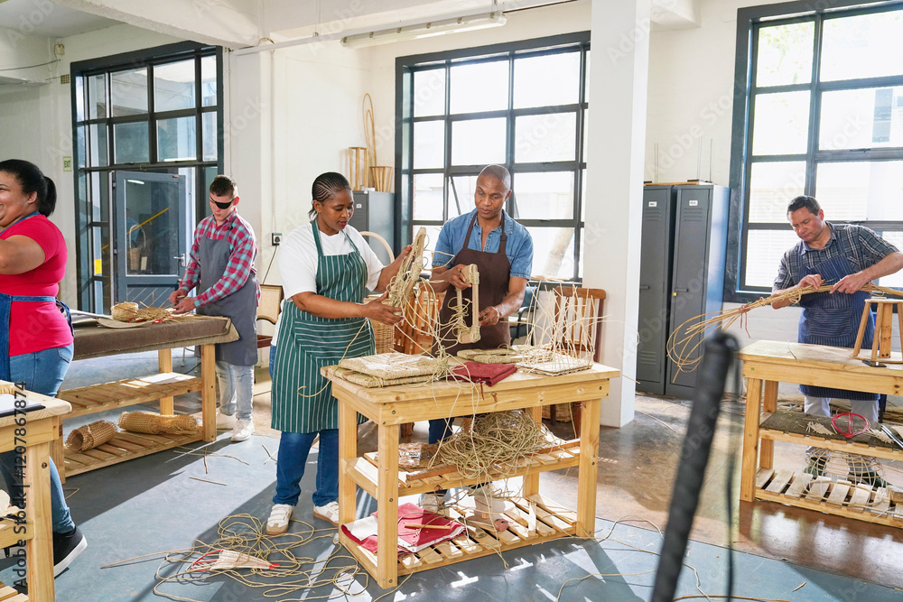 Group of artisans making woven furniture in workshop Group of artisans making woven furniture in workshop
