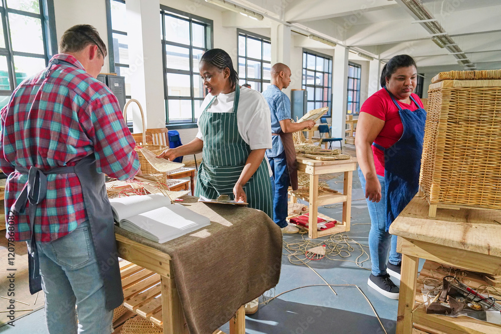 Group of artisans making woven furniture in workshop Group of artisans making woven furniture in workshop
