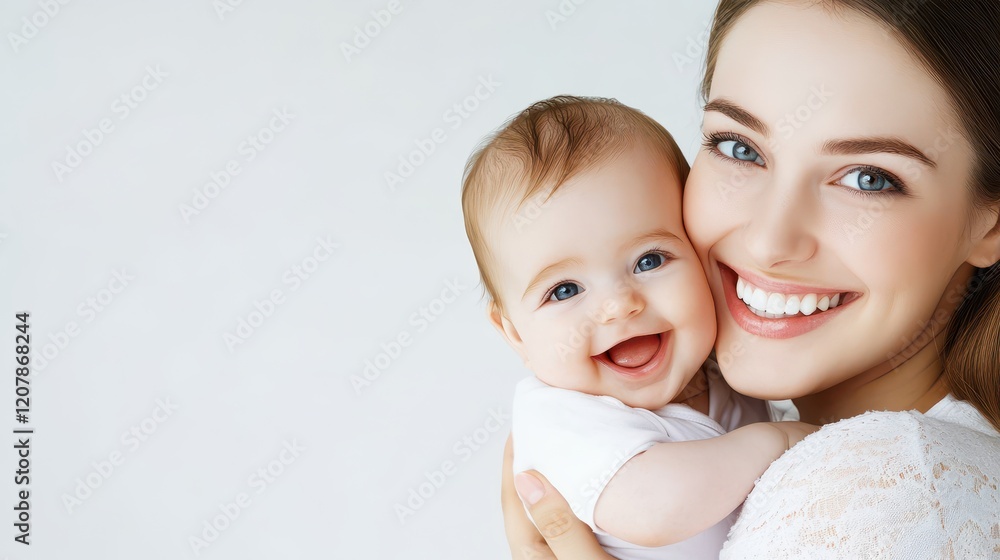 Joyful mother bonding with baby in bright studio family portrait warm atmosphere close-up view love concept Joyful mother bonding with baby in bright studio family portrait warm atmosphere close-up view love concept