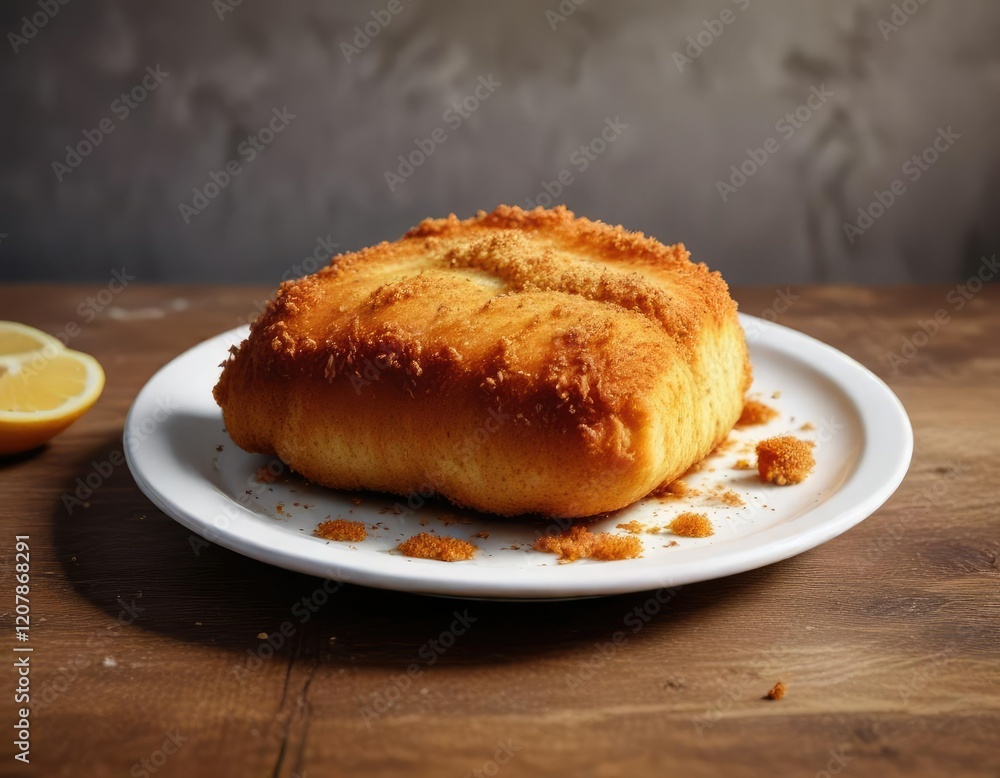 Breaded chicken breast with golden brown breading on a plate , breading, protein Breaded chicken breast with golden brown breading on a plate , breading, protein