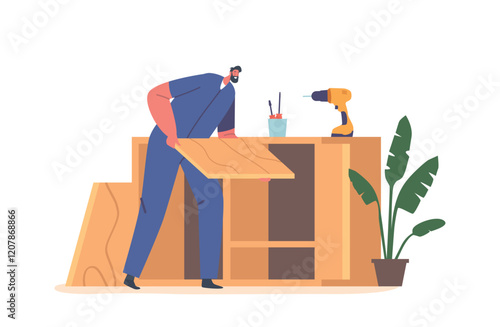 Worker Male Character Assembling Wooden Furniture Using Tools And Fasteners. Man Grouping Parts, Securing Joints