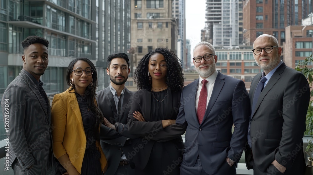 Confident Diverse Business Team Posing on City Rooftop Confident Diverse Business Team Posing on City Rooftop