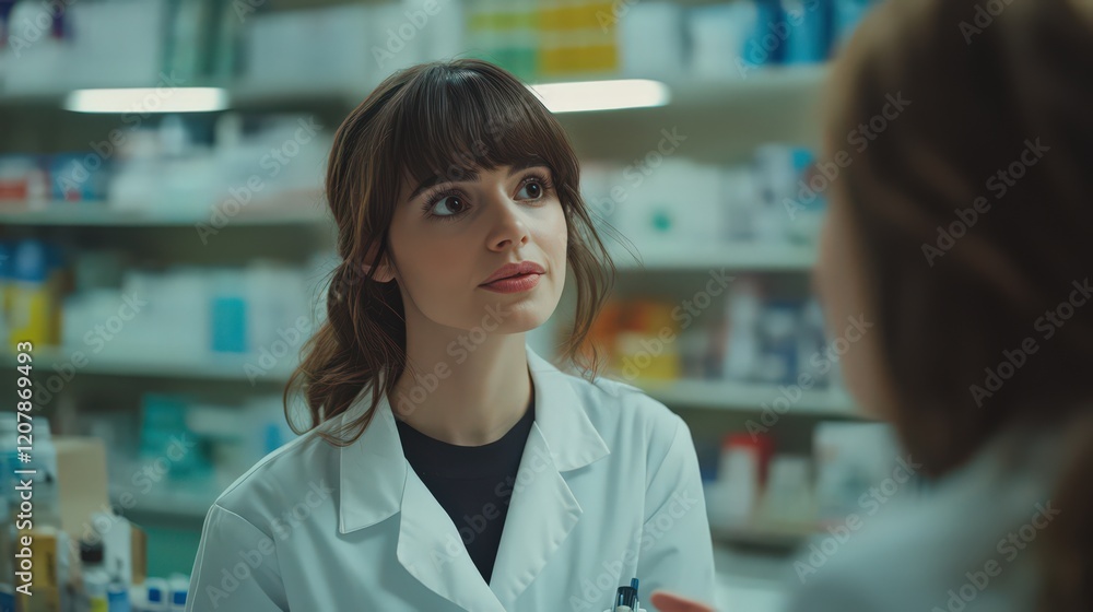 Fototapeta premium A female pharmacist in a white uniform, standing in a pharmacy, explaining prescription details to a customer.