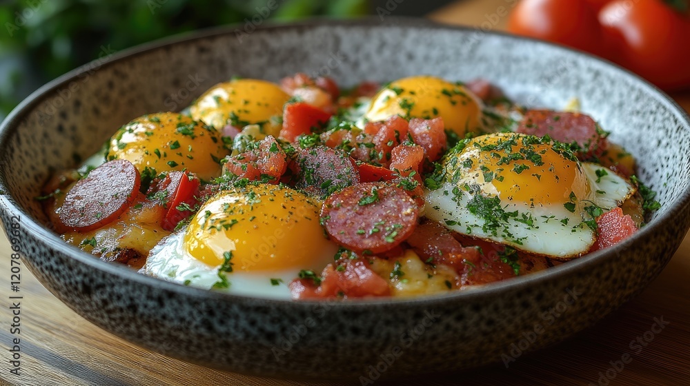 Sunny-side up eggs, chorizo, tomatoes breakfast skillet Sunny-side up eggs, chorizo, tomatoes breakfast skillet