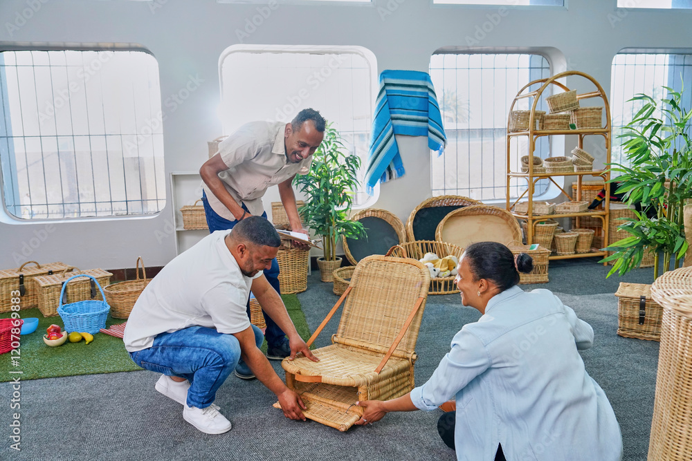 © Caia Image - Employees checking wicker armchair in crafts shop © Caia Image - Employees checking wicker armchair in crafts shop