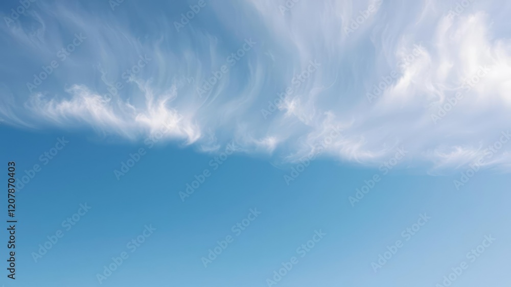 Fototapeta premium Calming blue sky with thin white cirrus clouds floating gently across the horizon, gentle breeze, airy feel, peaceful mood