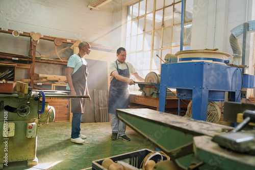 Visually impaired men in wood shop