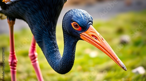 Close-up of a black stork's head and neck, showcasing its vibrant orange beak and intense gaze.