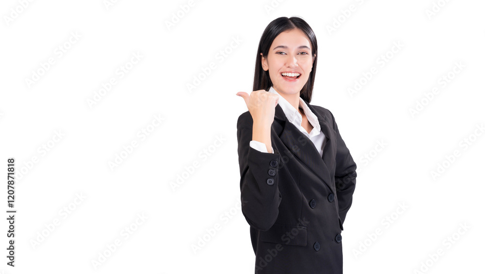 Happy Young business woman in a black suit, smiling confidently while pointing to copy space. Making it ideal for business, marketing or corporate themes Happy Young business woman in a black suit, smiling confidently while pointing to copy space. Making it ideal for business, marketing or corporate themes