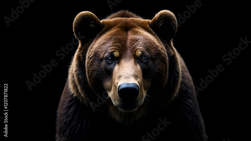A detailed closeup shot of a brown bears expressive face set against a solid black background, showcasing its features beautifully