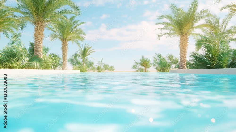 Tropical Oasis Poolside: A tranquil escape, inviting crystal-clear waters of a swimming pool, edged by vibrant palm trees and a backdrop of a serene sky. Tropical Oasis Poolside: A tranquil escape, inviting crystal-clear waters of a swimming pool, edged by vibrant palm trees and a backdrop of a serene sky.