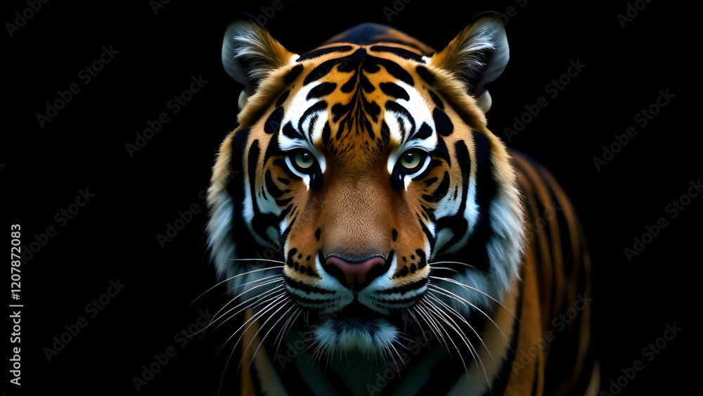 This image features a detailed and striking closeup of a tigers magnificent face set against a deep black background, emphasizing its features