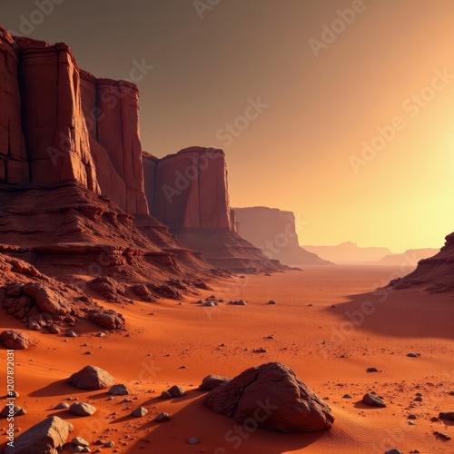 Glistening sandstone cliffs on the Martian desert horizon, geology, space