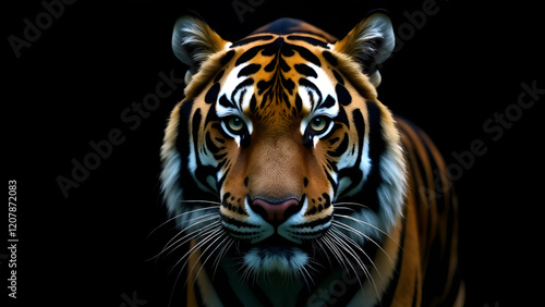 Obraz na płótnie This image features a detailed and striking closeup of a tigers magnificent face set against a deep black background, emphasizing its features w salonie