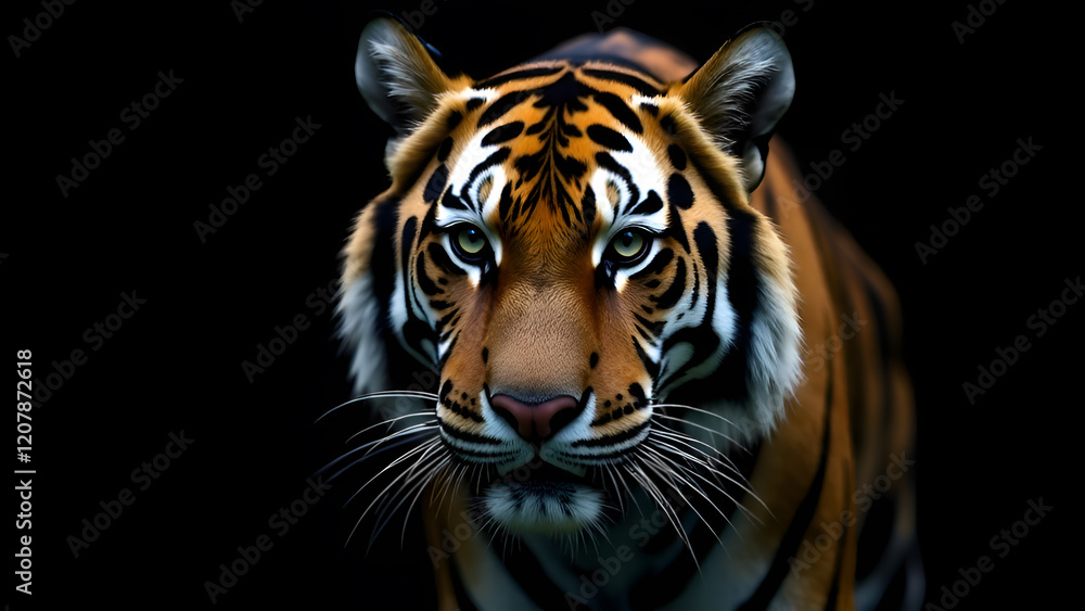 This image features a detailed and striking closeup of a tigers magnificent face set against a deep black background, emphasizing its features