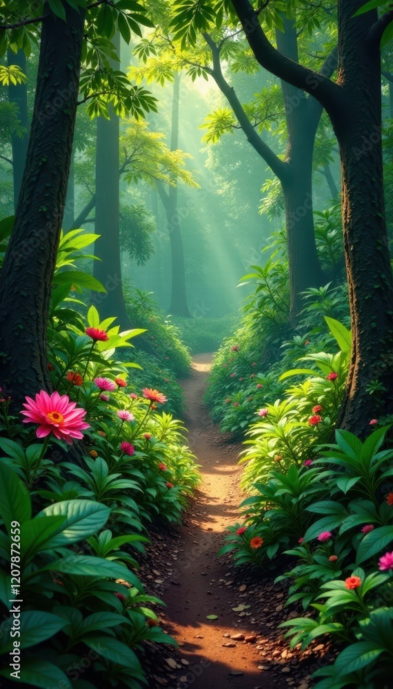 Fototapeta premium Lush vegetation and wildflowers along a forest path, tropical plants, forest path, nature