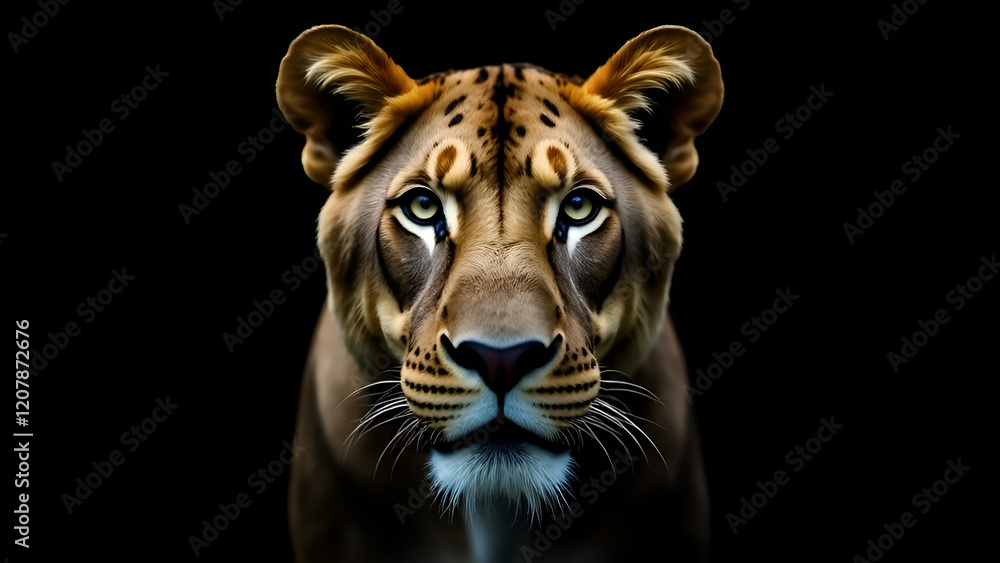 This image features an extreme closeup shot of a lions majestic face set against a deep black background, highlighting its features