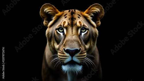 Obraz na płótnie This image features an extreme closeup shot of a lions majestic face set against a deep black background, highlighting its features w salonie