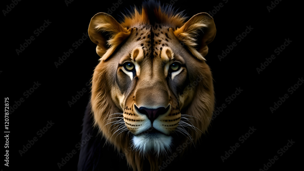 This image features an extreme closeup shot of a lions majestic face set against a deep black background, highlighting its features
