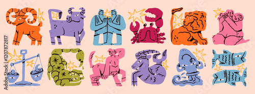 Astrological zodiac signs. Aries, Taurus, Leo, Gemini, Virgo, Scorpio, Libra, Aquarius, Sagittarius, Pisces, Capricorn, Cancer. Cartoon unique modern style. Hand drawn isolated Vector illustrations
