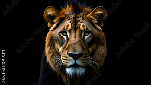 This image features an extreme closeup shot of a lions majestic face set against a deep black background, highlighting its features