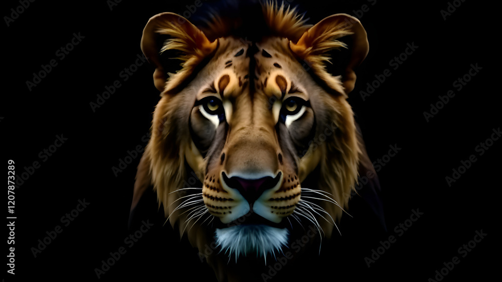 This image features an extreme closeup shot of a lions majestic face set against a deep black background, highlighting its features