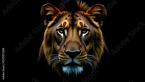 Obraz na płótnie This image features an extreme closeup shot of a lions majestic face set against a deep black background, highlighting its features w salonie