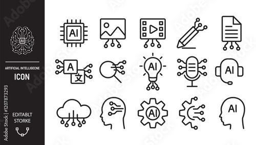 Artificial Intelligence line icon set. Ai design,  generative and creative tools symbol. Vector icon Editable stroke.