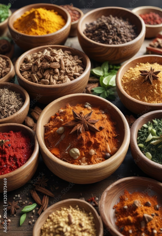Close-up of wooden bowls overflowing with flavorful spices, aromatic seasonings, natural ingredients, turmeric powder, dried herbs Close-up of wooden bowls overflowing with flavorful spices, aromatic seasonings, natural ingredients, turmeric powder, dried herbs