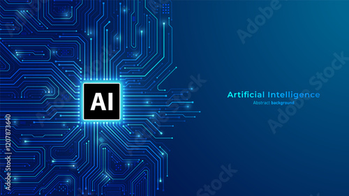 Concept of Artificial intelligence. AI chip processor on circuit motherboard. Modern futuristic design background. Big Data and Machine Learning. Vector illustration.