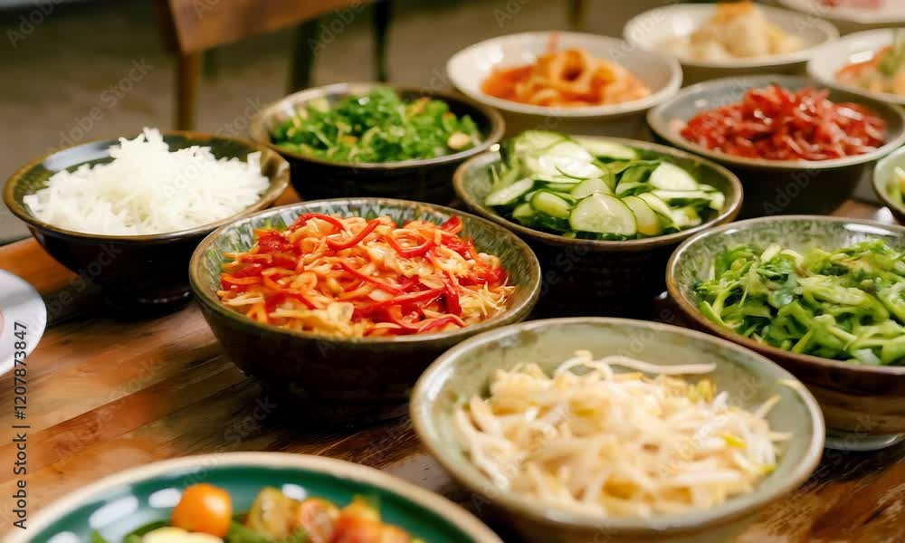 A colorful display of fresh vegetables and toppings arranged in bowls, perfect for enhancing meals with vibrant flavors and textures. A colorful display of fresh vegetables and toppings arranged in bowls, perfect for enhancing meals with vibrant flavors and textures.