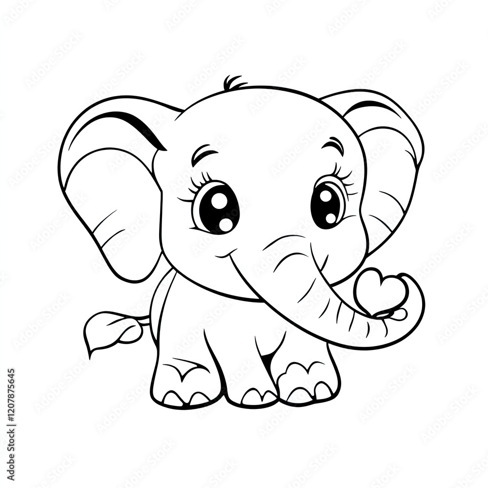 Fototapeta premium Adorable Elephant Coloring Book Page Simple Heart Design for Kids