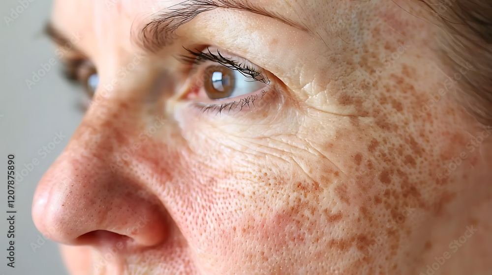 Obraz premium Close-up of a person's face with visible skin texture, showcasing natural imperfections and healthy glow, captured in soft natural light with a blurred background, perfect for beauty, skincare