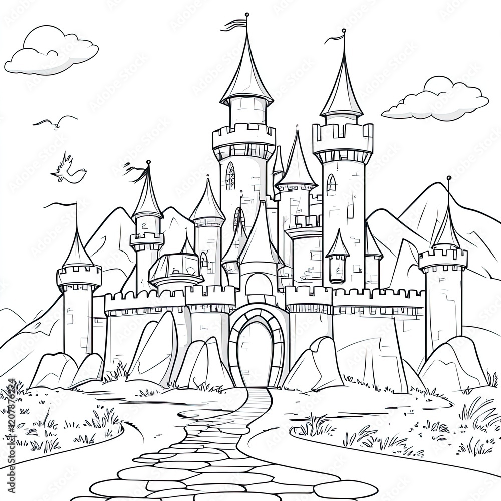 Fantasy Line Art Coloring Book Page Dragons and Knights Fantasy Line Art Coloring Book Page Dragons and Knights