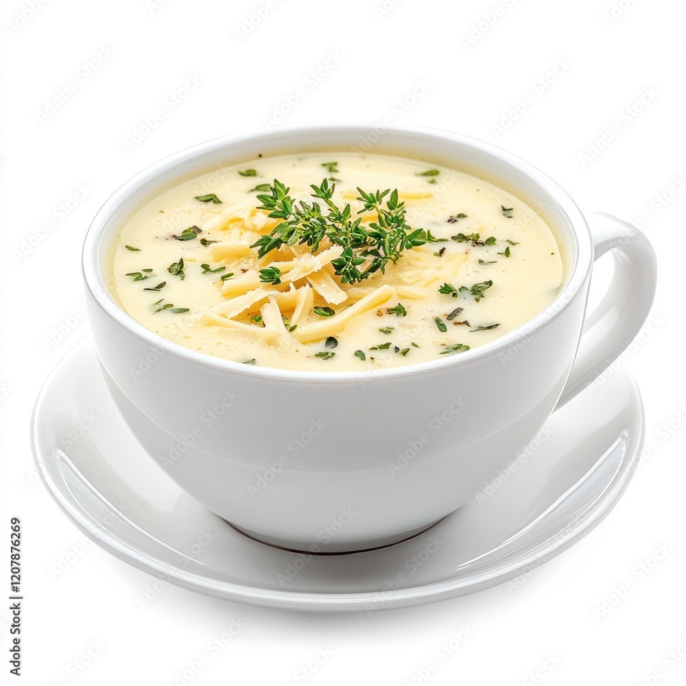 Bowl of creamy soup garnished with herbs, on a white plate, white background, food blog Bowl of creamy soup garnished with herbs, on a white plate, white background, food blog