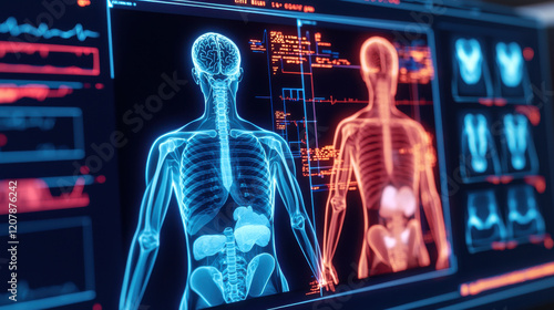 futuristic digital screen displaying full body anatomical view, showcasing human skeleton and organs in vibrant colors. advanced technology highlights health data and diagnostics