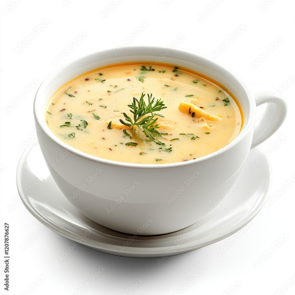 Creamy soup in white mug, delicious, ready to eat, perfect for a meal Creamy soup in white mug, delicious, ready to eat, perfect for a meal