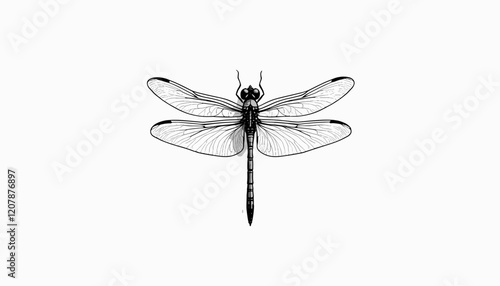 Black and white sketch of a dragonfly with intricate details