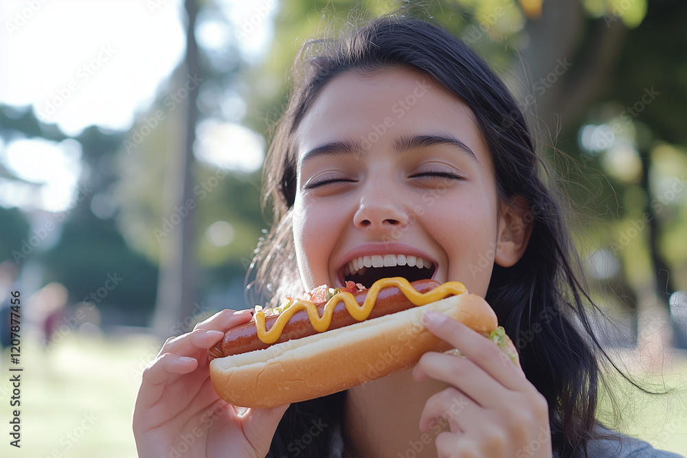 woman eat fastfood hotdog at park woman eat fastfood hotdog at park