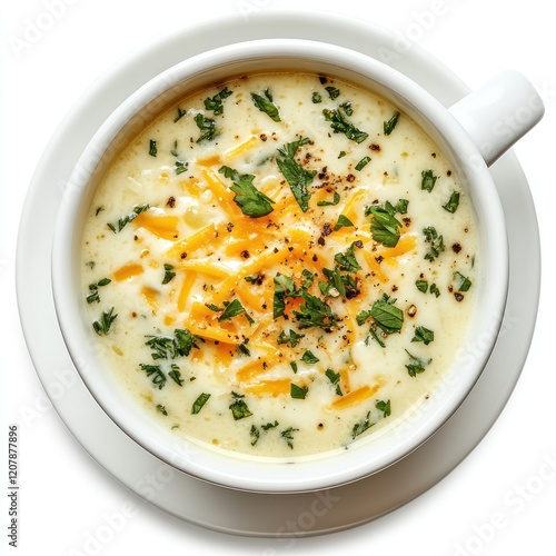 Creamy cheese soup in white mug,  delicious meal,  isolated photo